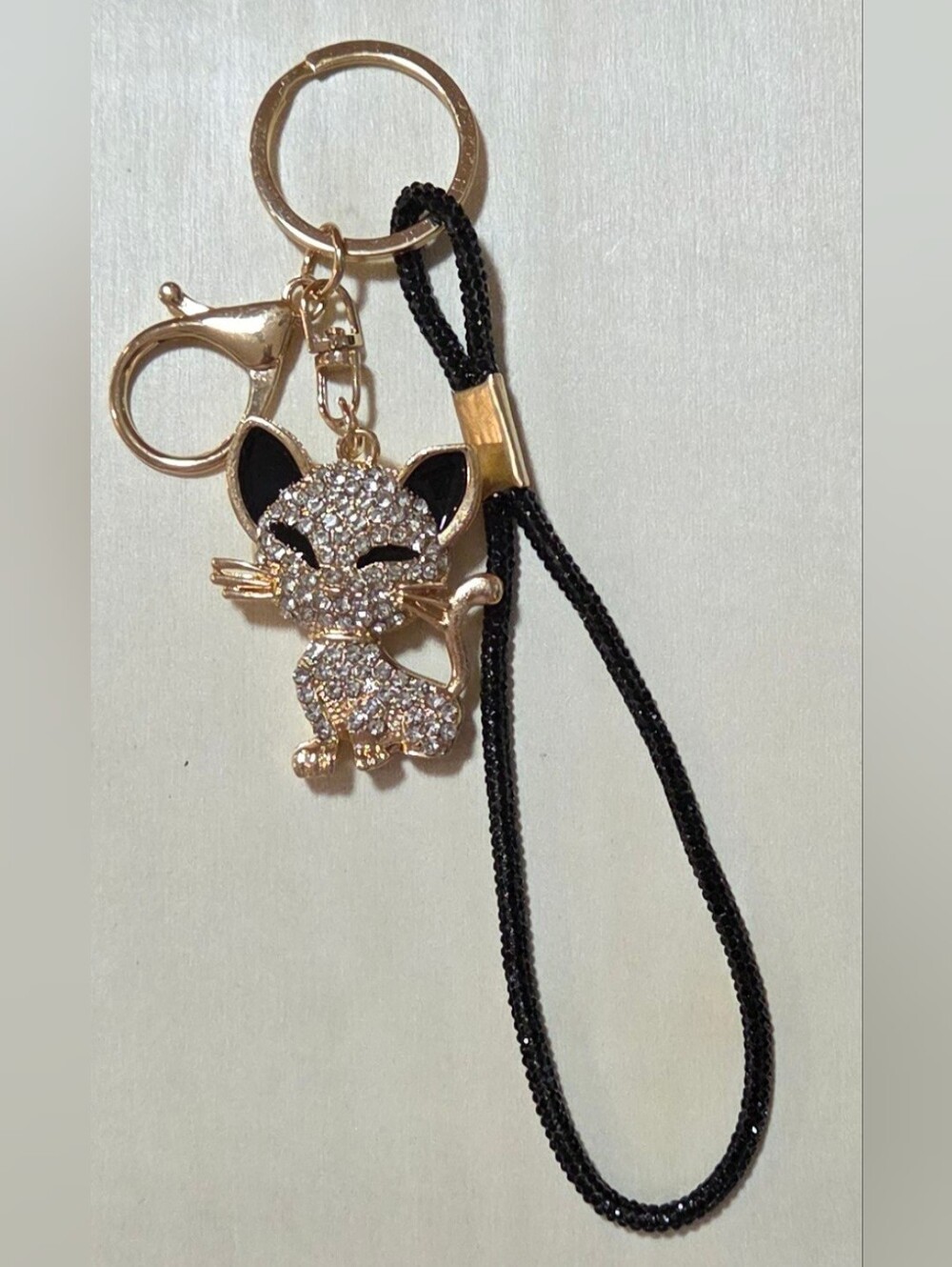 Crystal Encrusted Kitten Purse Charm Wristlet Lanyard Keychain Gold & Black - Picture 10 of 12